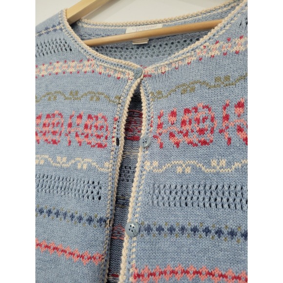 Christopher & Banks Womens Blue Floral Fair Isle Pointelle Cardigan Sweater M - Picture 3 of 8
